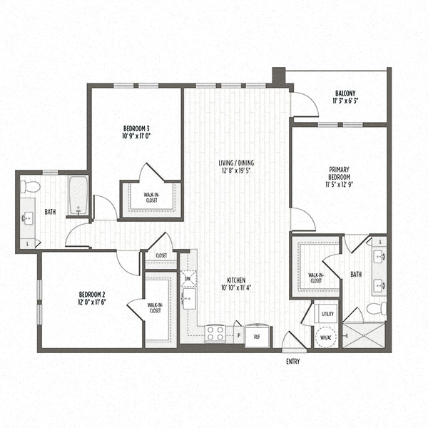 Floor plan for 3 beds, 2 baths, 1285 sqft
